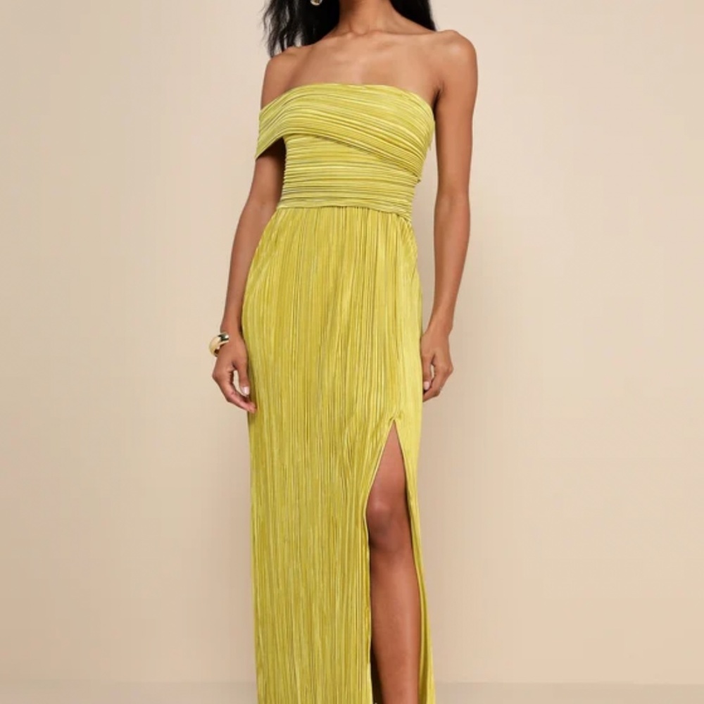 Lulus Poised Performance Chartreuse Plisse One-shoulder Maxi Dress - Picture 5 of 5